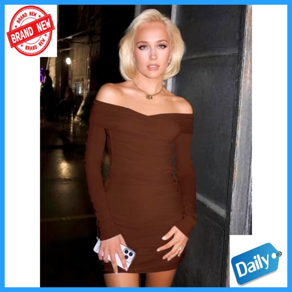 Long Sleeve Off Shoulder Bodycon Mini Dress Ruched Party Cocktail - Picture 5 of 6